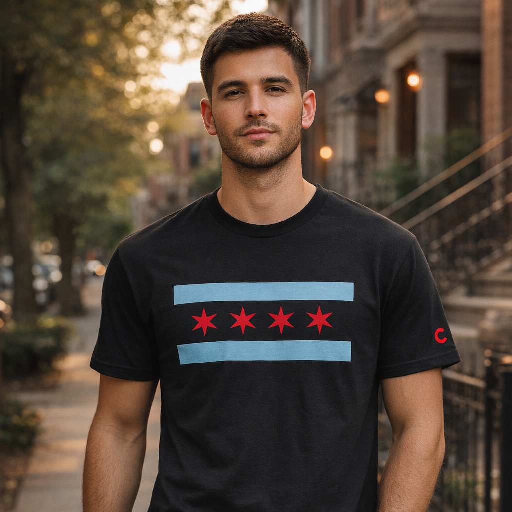 Man wearing a black t-shirt with a Chicago Flag