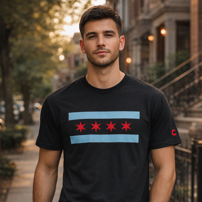 Man wearing a black t-shirt with a Chicago Flag