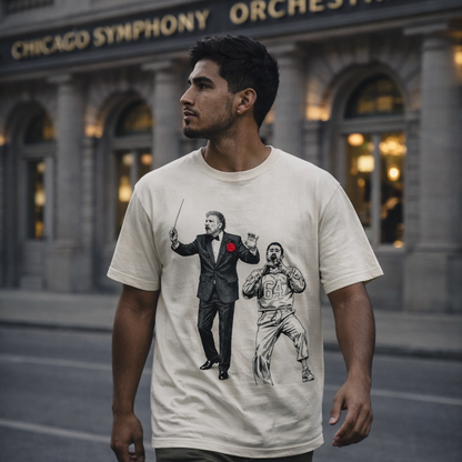 Man wearing a t-shirt with a conductor in front of the Chicago Symphony Orchestra building.