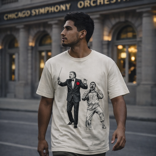 Man wearing a t-shirt with a conductor in front of the Chicago Symphony Orchestra building.
