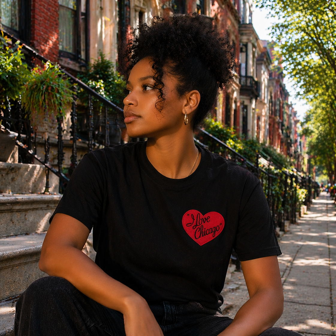 Woman wearing a black t-shirt with a I Love Chicago red heart design, sitting on steps in an urban setting.